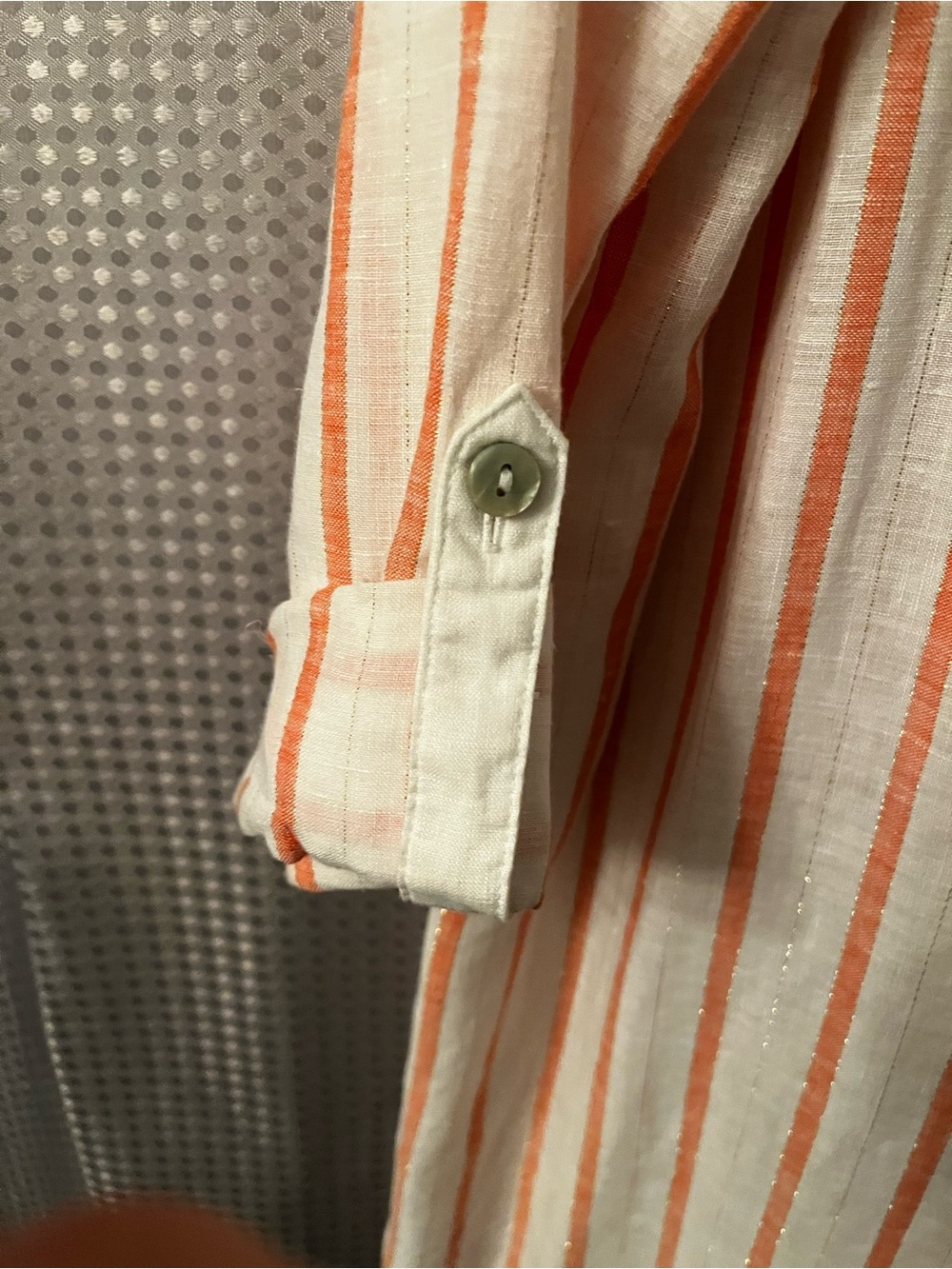 Button-Front Long Striped No Iron Linen Tunic in White and Orange - Picture 2 of 5